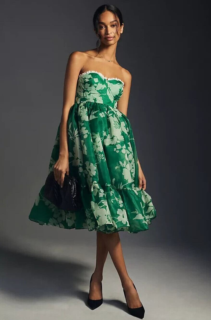 Selkie Green Summer Fields Tea Party Floral Strapless Sweetheart Dress Small